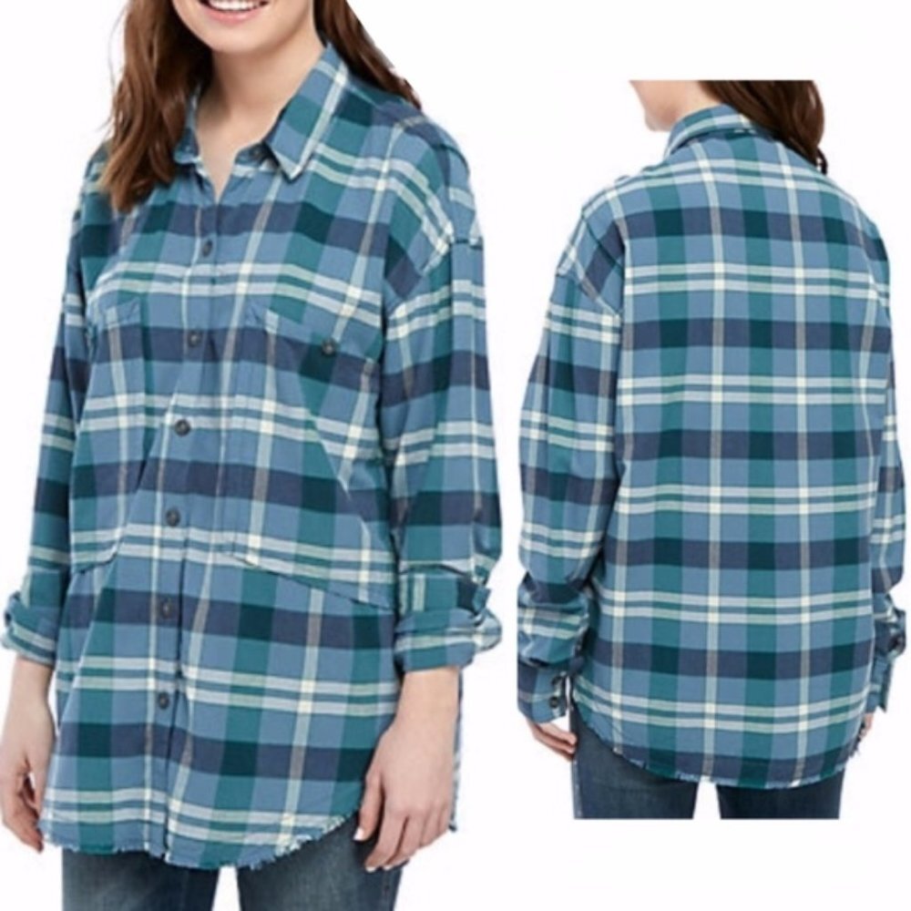 Free People‎ women SP Loveland plaid button down top long sleeve frayed hem